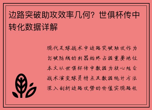 边路突破助攻效率几何？世俱杯传中转化数据详解