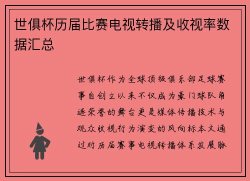 世俱杯历届比赛电视转播及收视率数据汇总